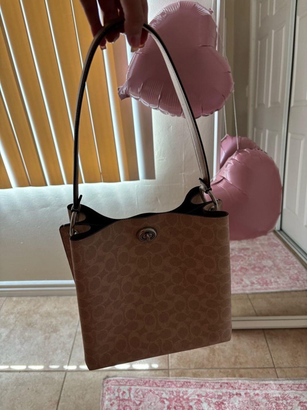 Coach Tan Signature Canvas Shoulder Bag with Black Trim